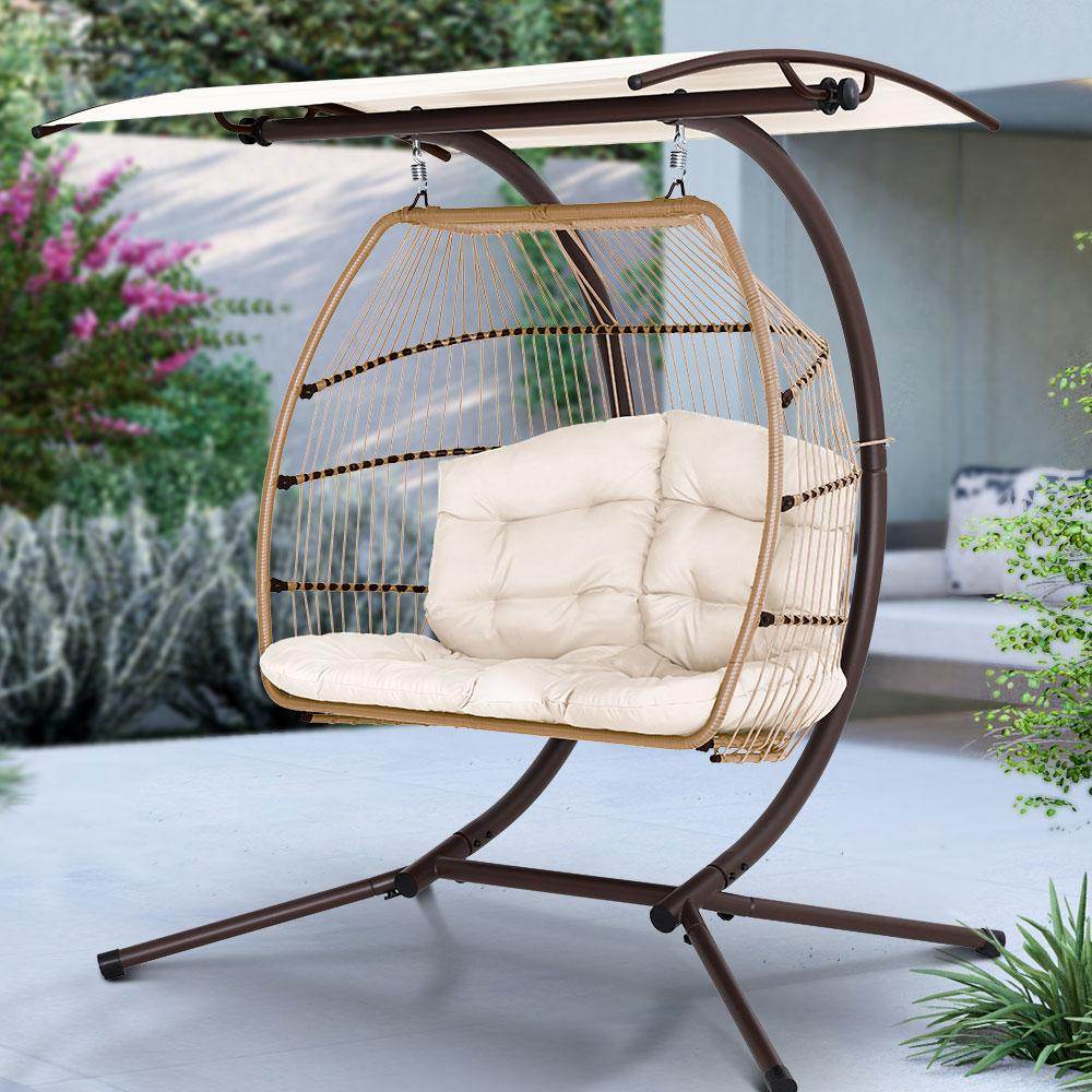Gardeon Outdoor Egg Swing Chair Wicker Furniture Pod Stand Canopy 2 Seater Latte | Outdoorium