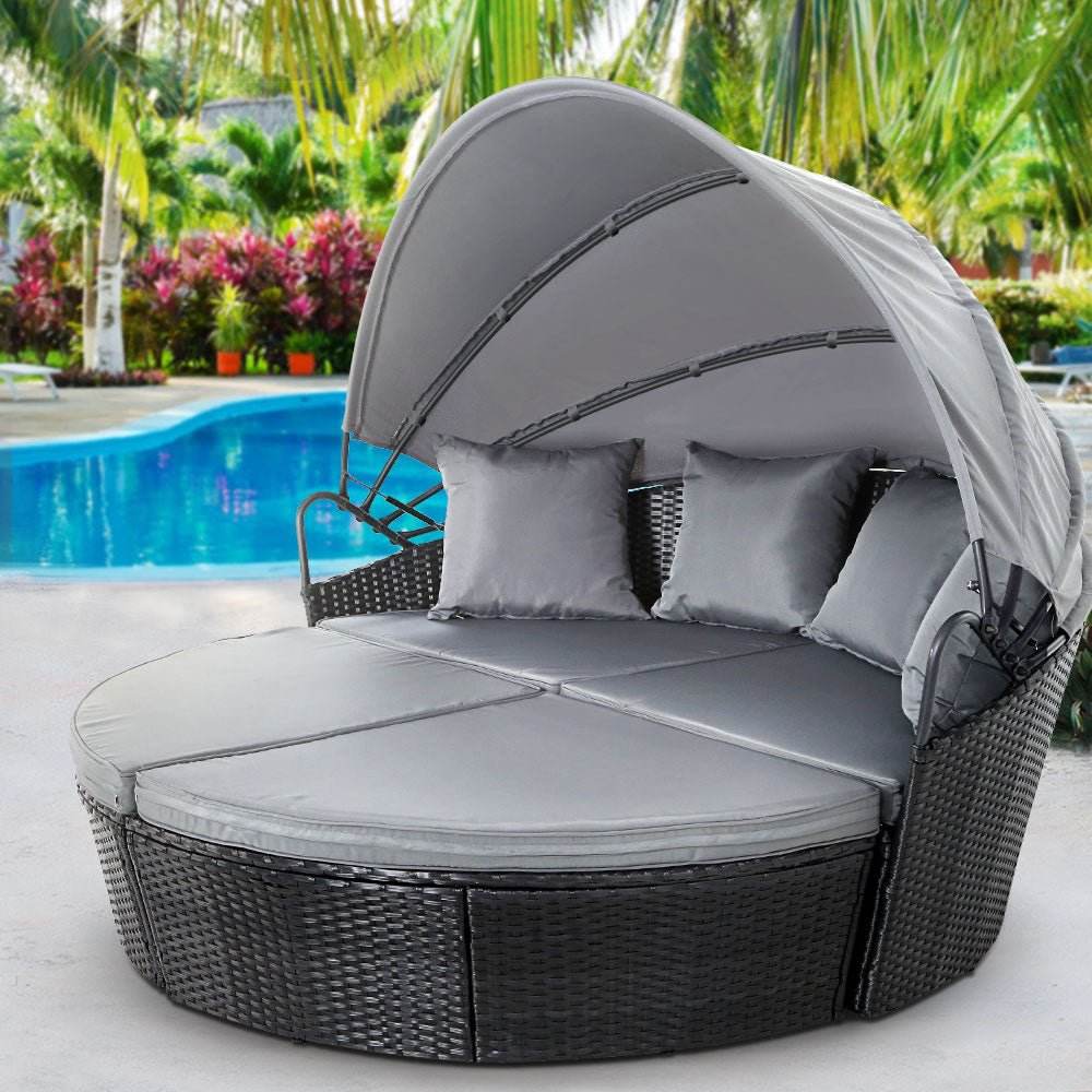 Gardeon Sun Lounge Setting Wicker Lounger Day Bed Outdoor Furniture Patio Black | Outdoorium