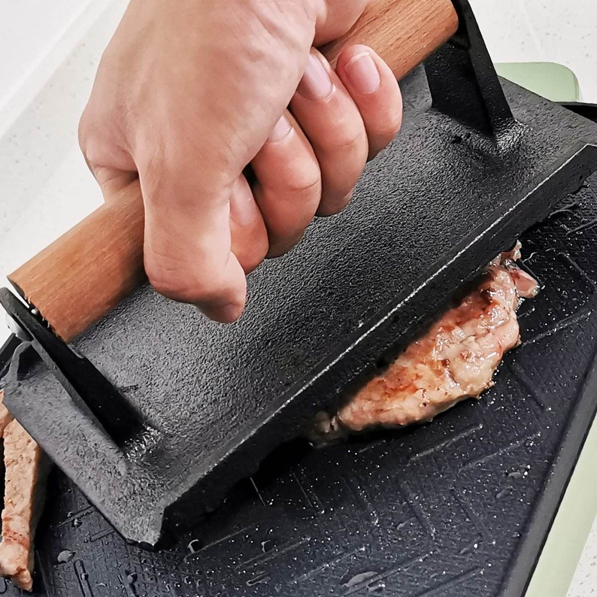 Heavy Duty Rectangular Cast Iron Grill Burger Press Pre - Seasoned Steak Griddle BBQ Grilling | Outdoorium