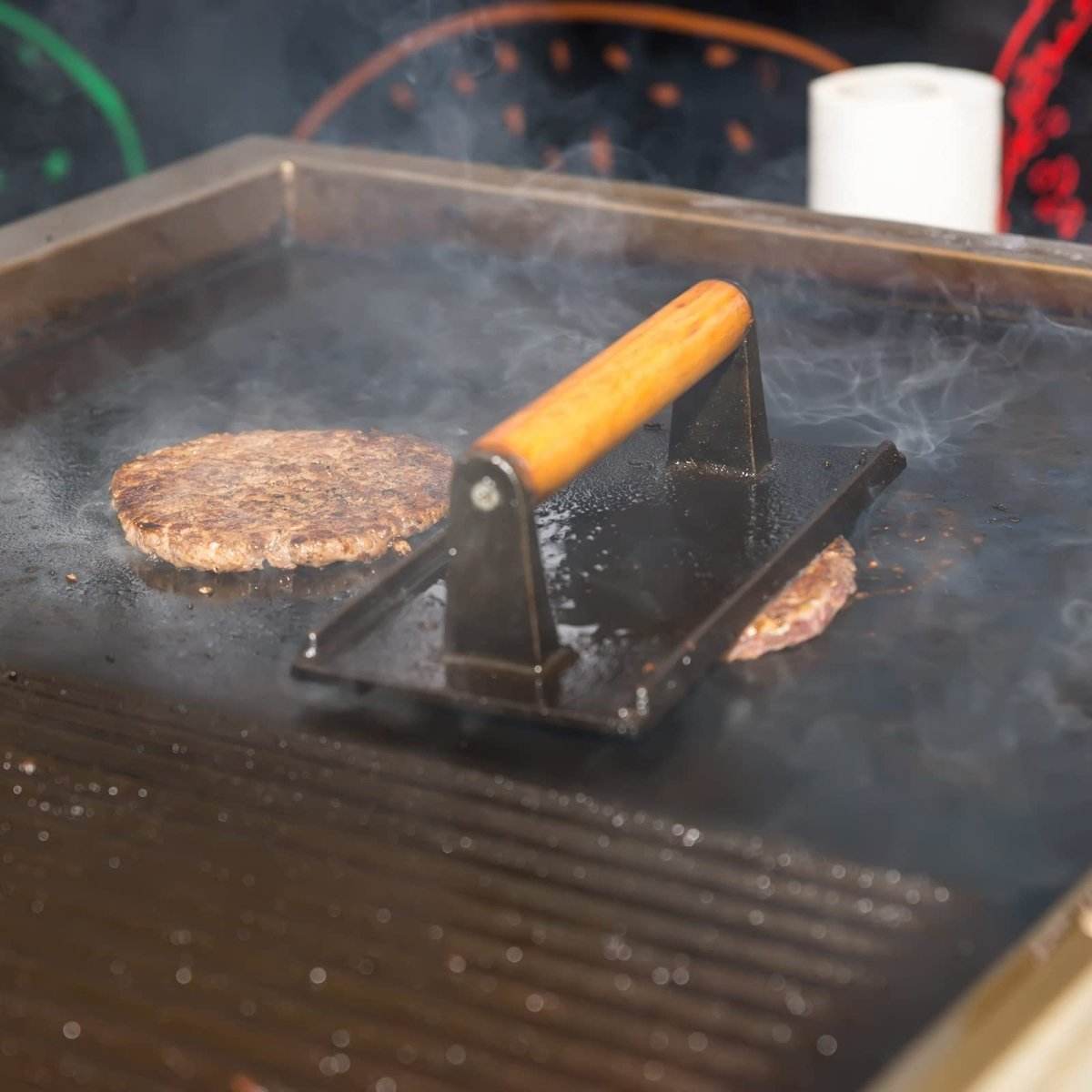 Heavy Duty Rectangular Cast Iron Grill Burger Press Pre - Seasoned Steak Griddle BBQ Grilling | Outdoorium