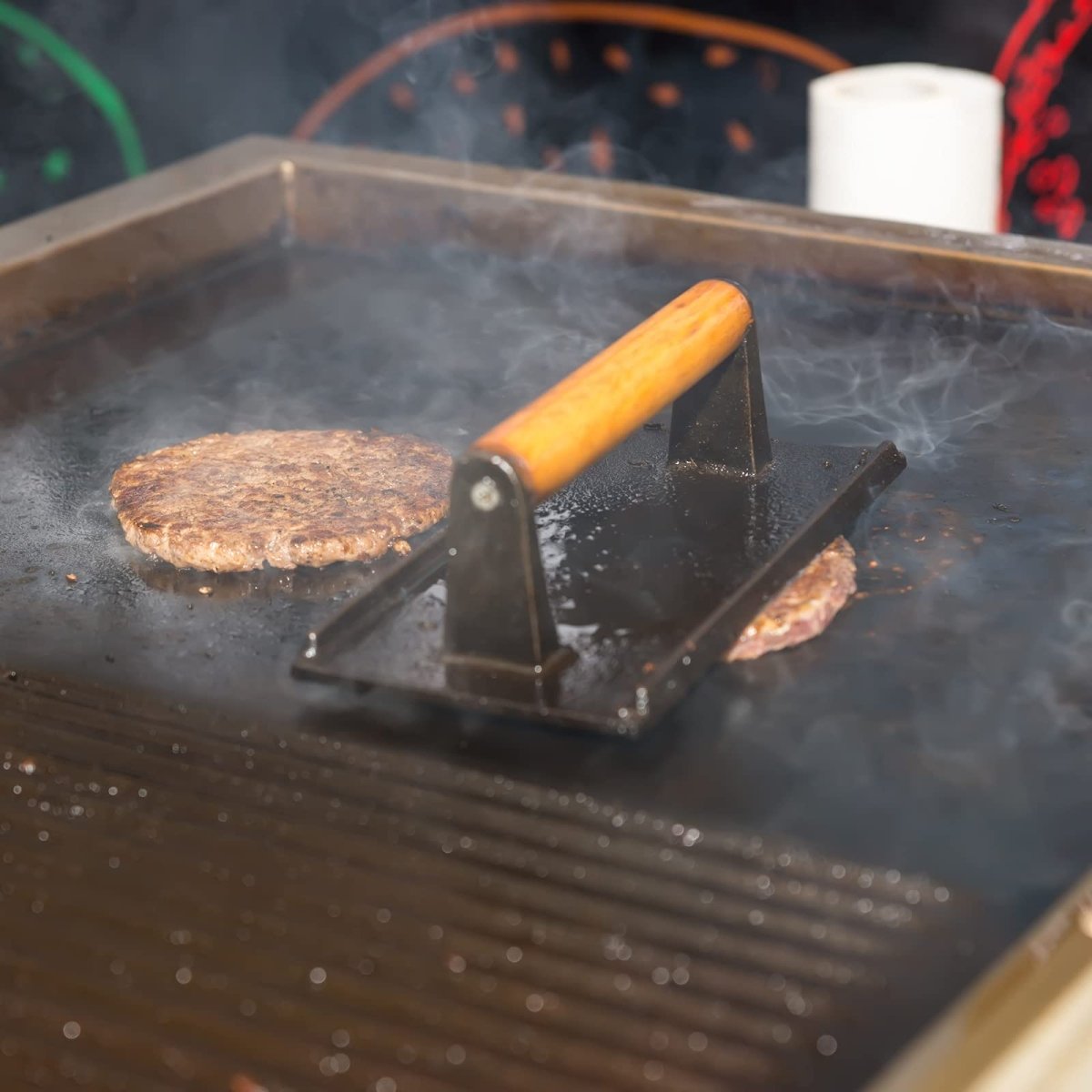 Heavy Duty Rectangular Cast Iron Grill Burger Press Pre-Seasoned Steak Griddle BBQ Grilling - Outdoorium