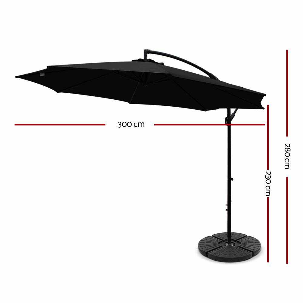 Instahut 3M Umbrella with 48x48cm Base Outdoor Umbrellas Cantilever Sun Beach Garden Patio Black - Outdoorium