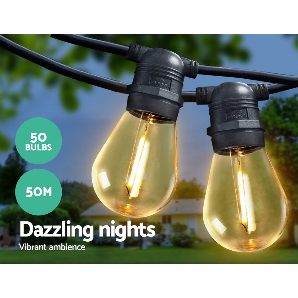 Jingle Jollys 50m LED Festoon String Lights 50 Bulbs Kits S14 - Outdoorium