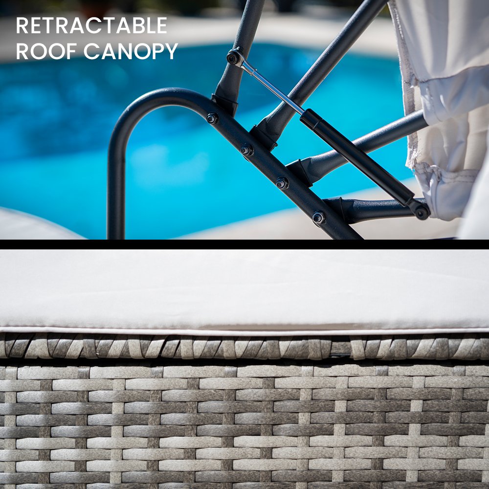 LONDON RATTAN 3PC Outdoor Daybed Patio Rattan Sofa Sun Lounge Furniture Grey Wicker Off White Canopy - Outdoorium