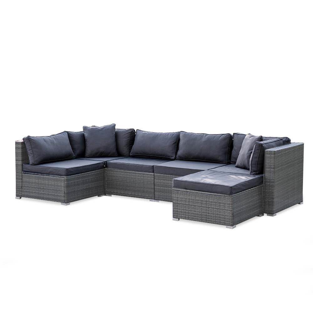 LONDON RATTAN 6 Seater Modular Outdoor Lounge Setting with Ottoman, Grey | Outdoorium