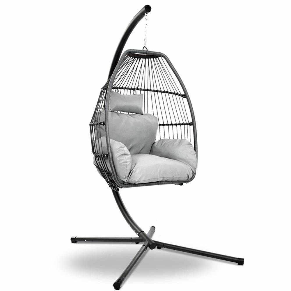 Gardeon Outdoor Egg Swing Chair Wicker Rope Furniture Pod Stand Cushion Grey | Outdoorium