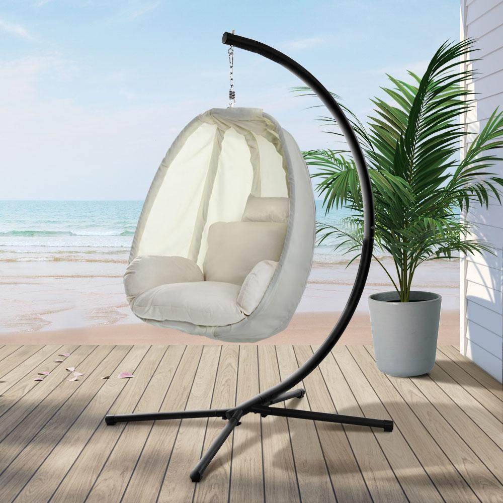 Gardeon Outdoor Egg Swing Chair Patio Furniture Pod Stand Canopy Foldable Cream | Outdoorium