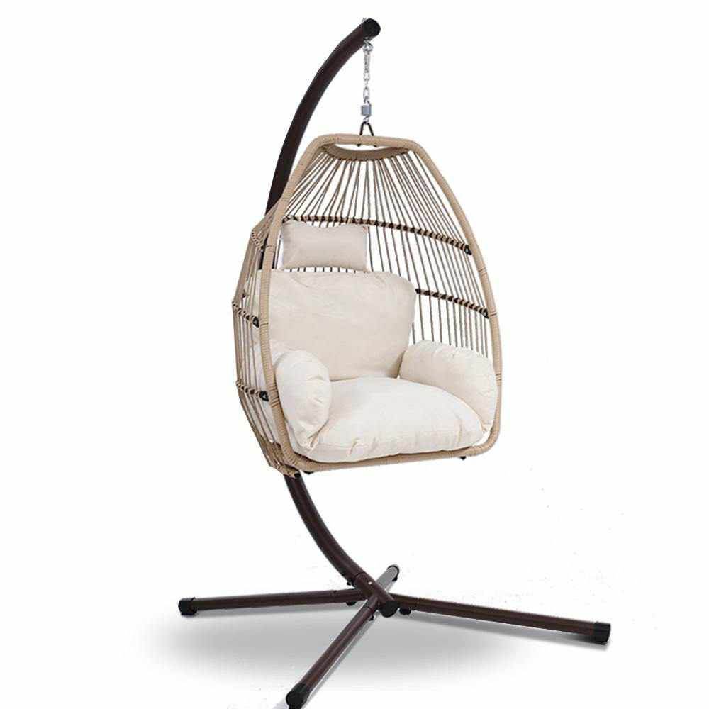Gardeon Outdoor Egg Swing Chair Wicker Rope Furniture Pod Stand Cushion Latte | Outdoorium