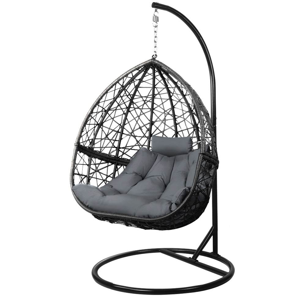 Gardeon Outdoor Egg Swing Chair Wicker Rattan Furniture Pod Stand Cushion Grey | Outdoorium
