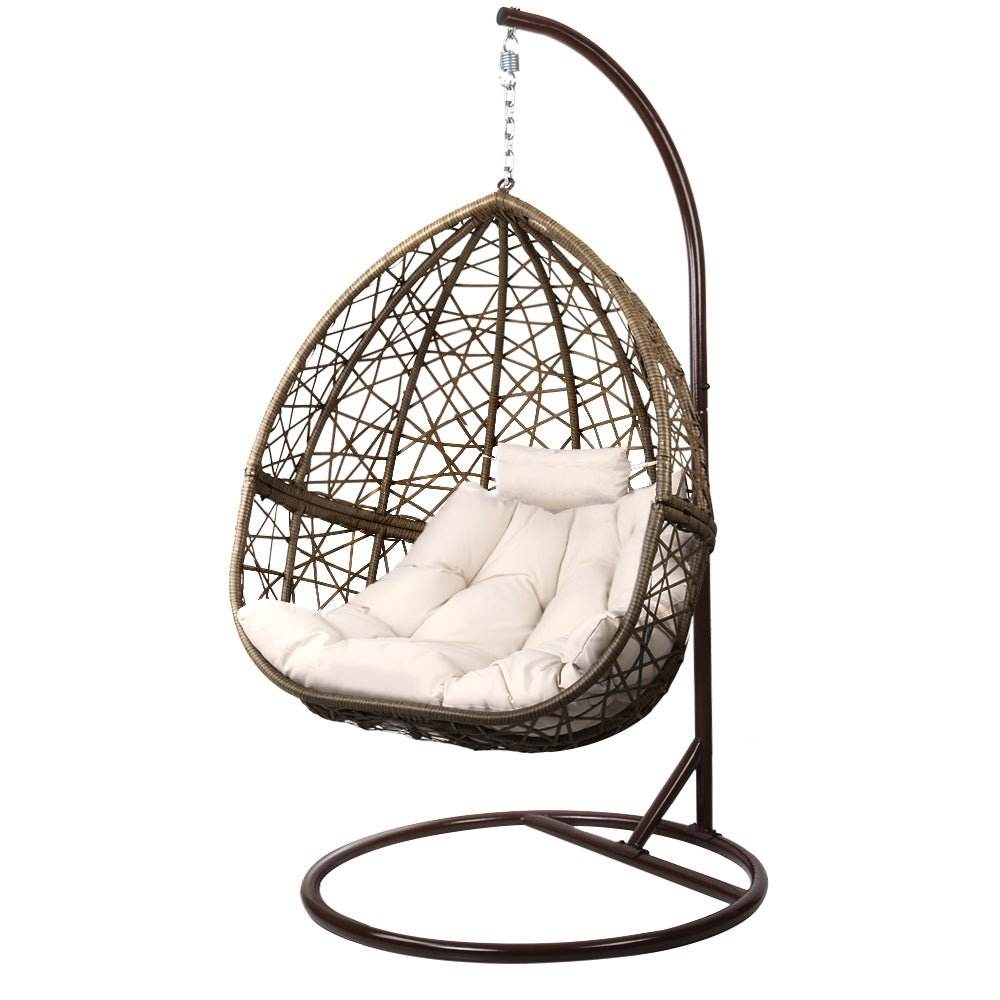 Gardeon Outdoor Egg Swing Chair Wicker Rattan Furniture Pod Stand Cushion Latte | Outdoorium