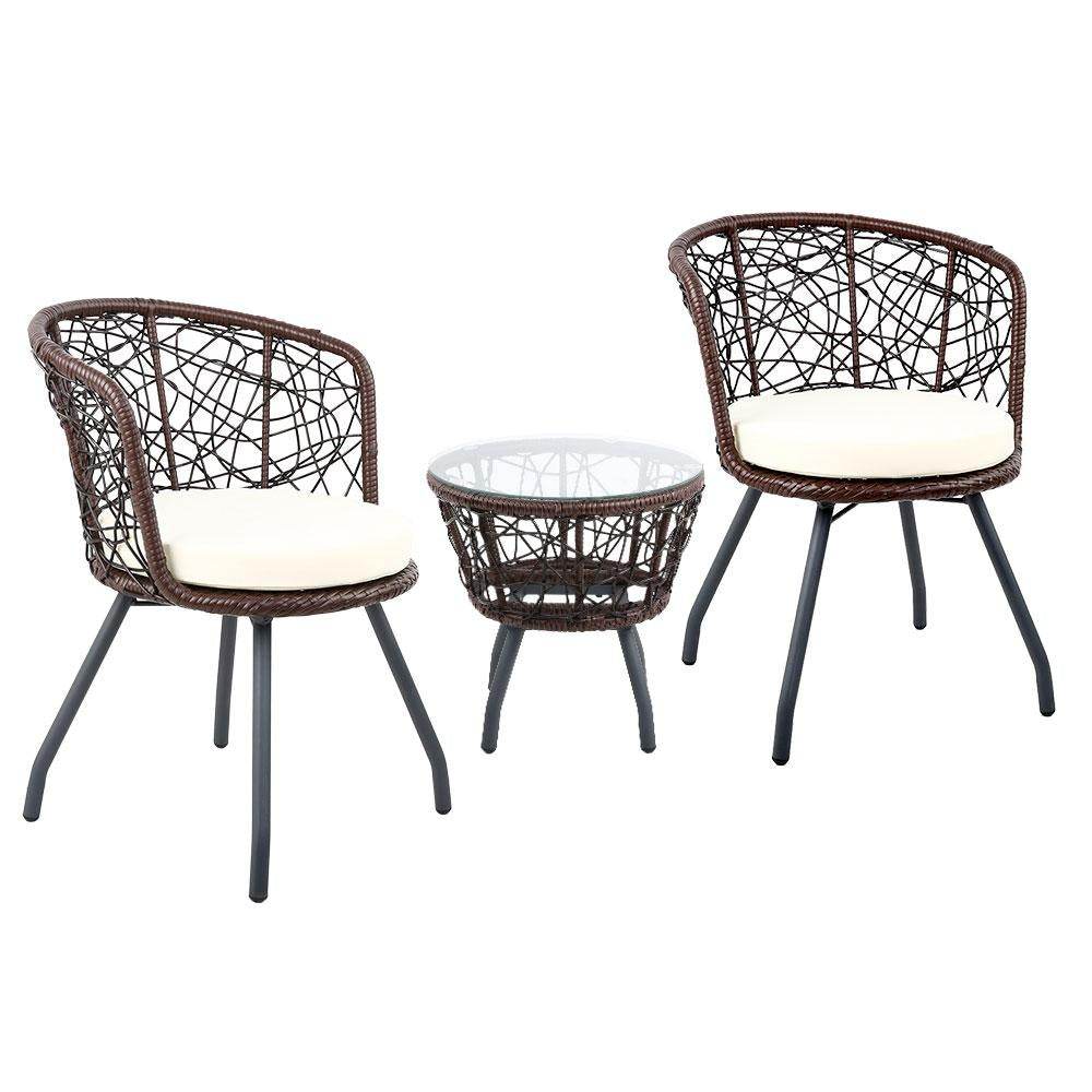 Gardeon 3PC Bistro Set Outdoor Furniture Rattan Table Chairs Patio Garden Cushion Brown | Outdoorium
