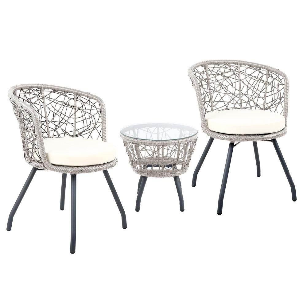 Gardeon 3PC Bistro Set Outdoor Furniture Rattan Table Chairs Patio Garden Cushion Grey | Outdoorium