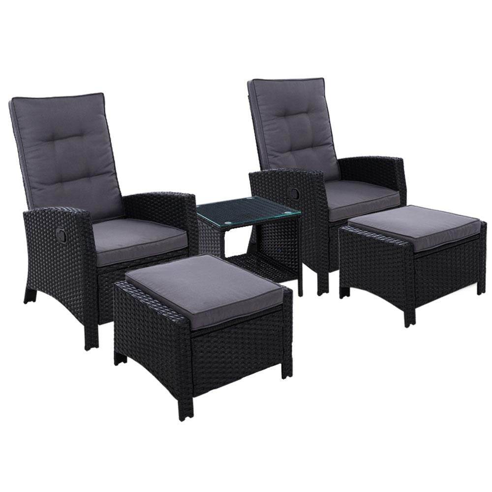 Gardeon 5PC Recliner Chairs Table Sun lounge Wicker Outdoor Furniture Adjustable Black | Outdoorium