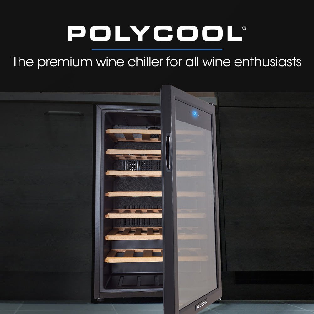 POLYCOOL 128L 51 Bottle Wine Bar Fridge Underbench Cooler Compressor Glass Door, Black - Outdoorium