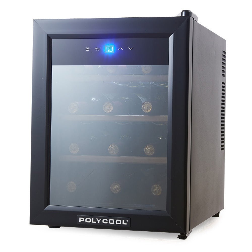 POLYCOOL 33L 12 Bottle Wine Bar Fridge Countertop Cooler Compressor Mirrored Glass Door, Black - Outdoorium