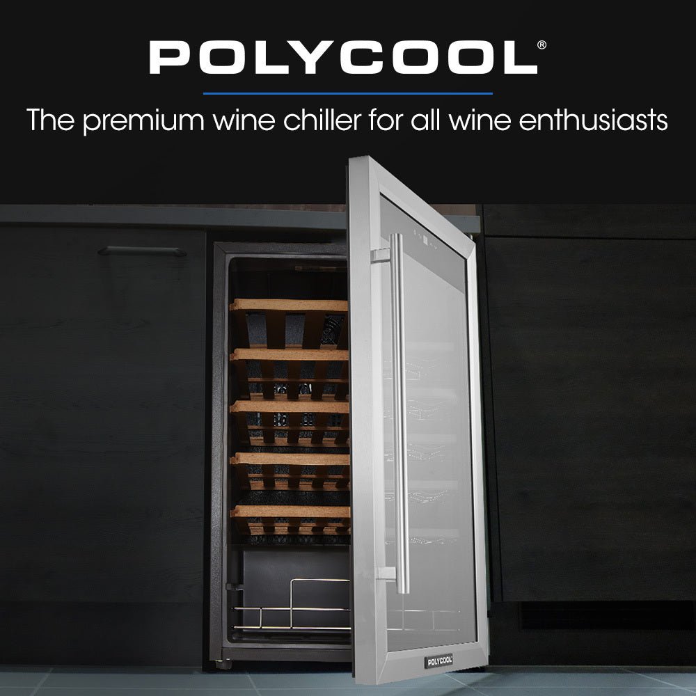 POLYCOOL 34 Bottle Wine Bar Fridge, Under Bench, Glass Door w/ Stainless Steel Frame, Sliding Shelves, Silver - Outdoorium