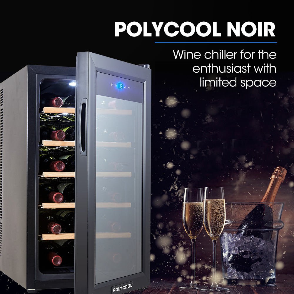 POLYCOOL 47L 18 Bottle Wine Bar Fridge Countertop Cooler Compressor Mirrored Glass Door, Black - Outdoorium