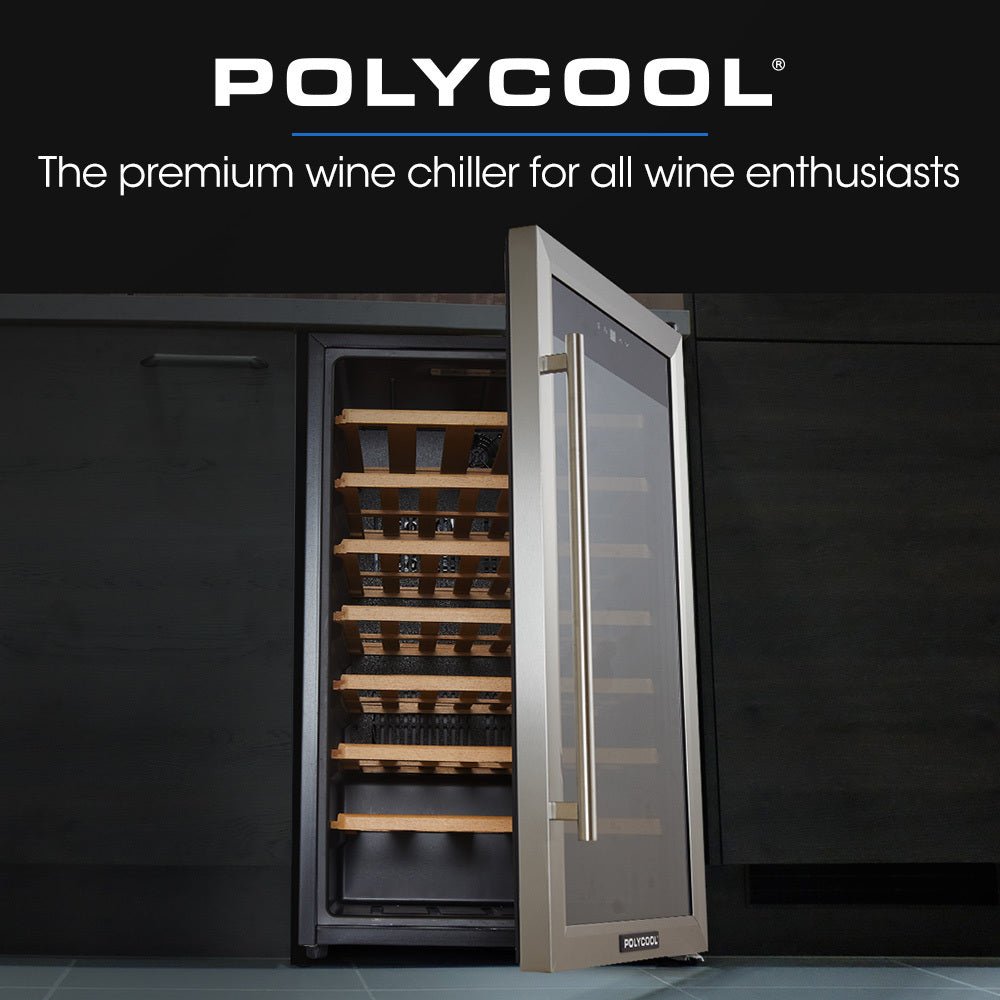 POLYCOOL 51 Bottle Wine Bar Fridge, Under Bench, Glass Door w/ Stainless Steel Frame, Sliding Shelves, Silver - Outdoorium