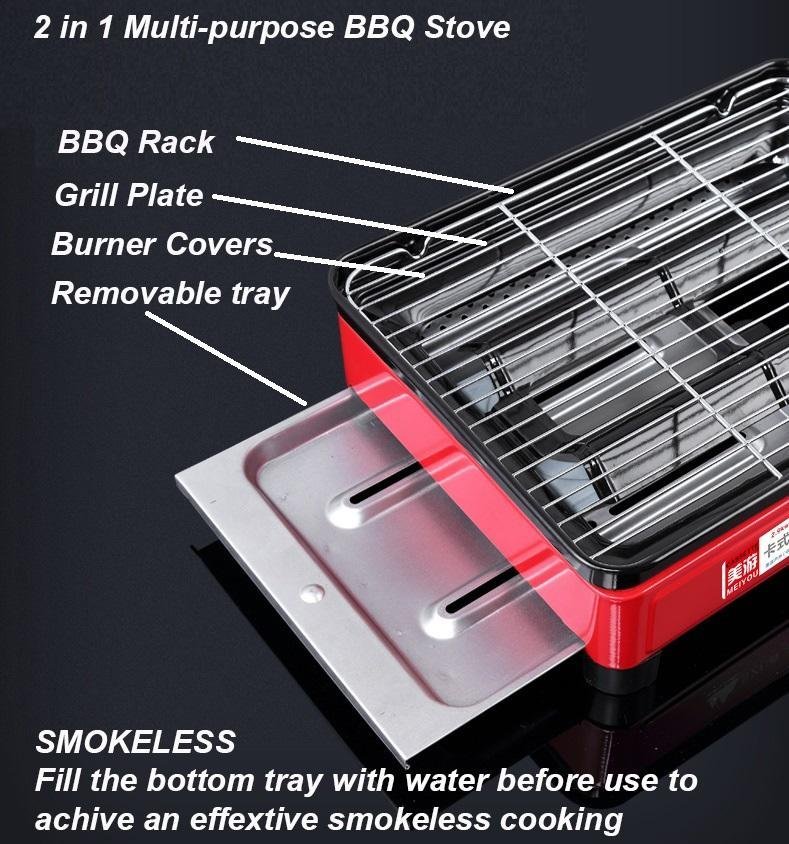 Portable Gas Stove Burner Butane BBQ Camping Gas Cooker With Non Stick Plate Red with Fish Pan and Lid - Outdoorium