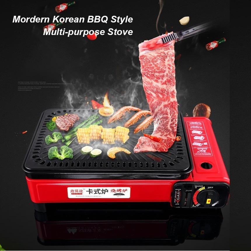 Portable Gas Stove Burner Butane BBQ Camping Gas Cooker With Non Stick Plate Red without Fish Pan and Lid - Outdoorium