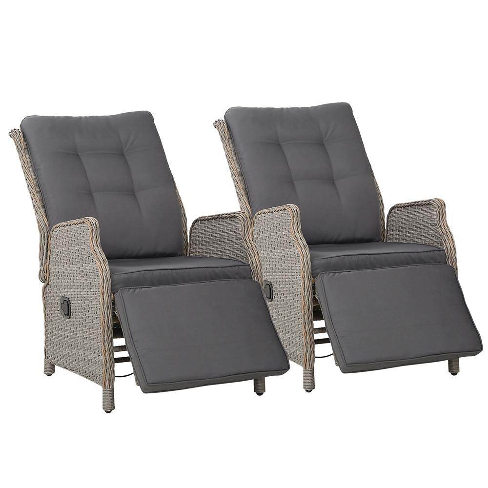Gardeon 2PC Recliner Chairs Sun lounge Wicker Lounger Outdoor Furniture Adjustable Grey | Outdoorium