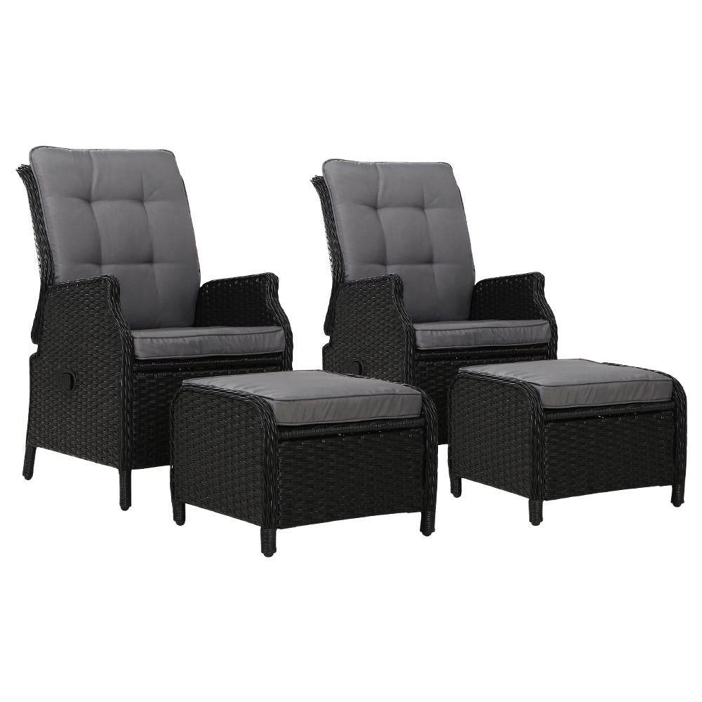 Gardeon 2PC Recliner Chair Sun lounge Wicker Lounger Outdoor Furniture Adjustable Black | Outdoorium