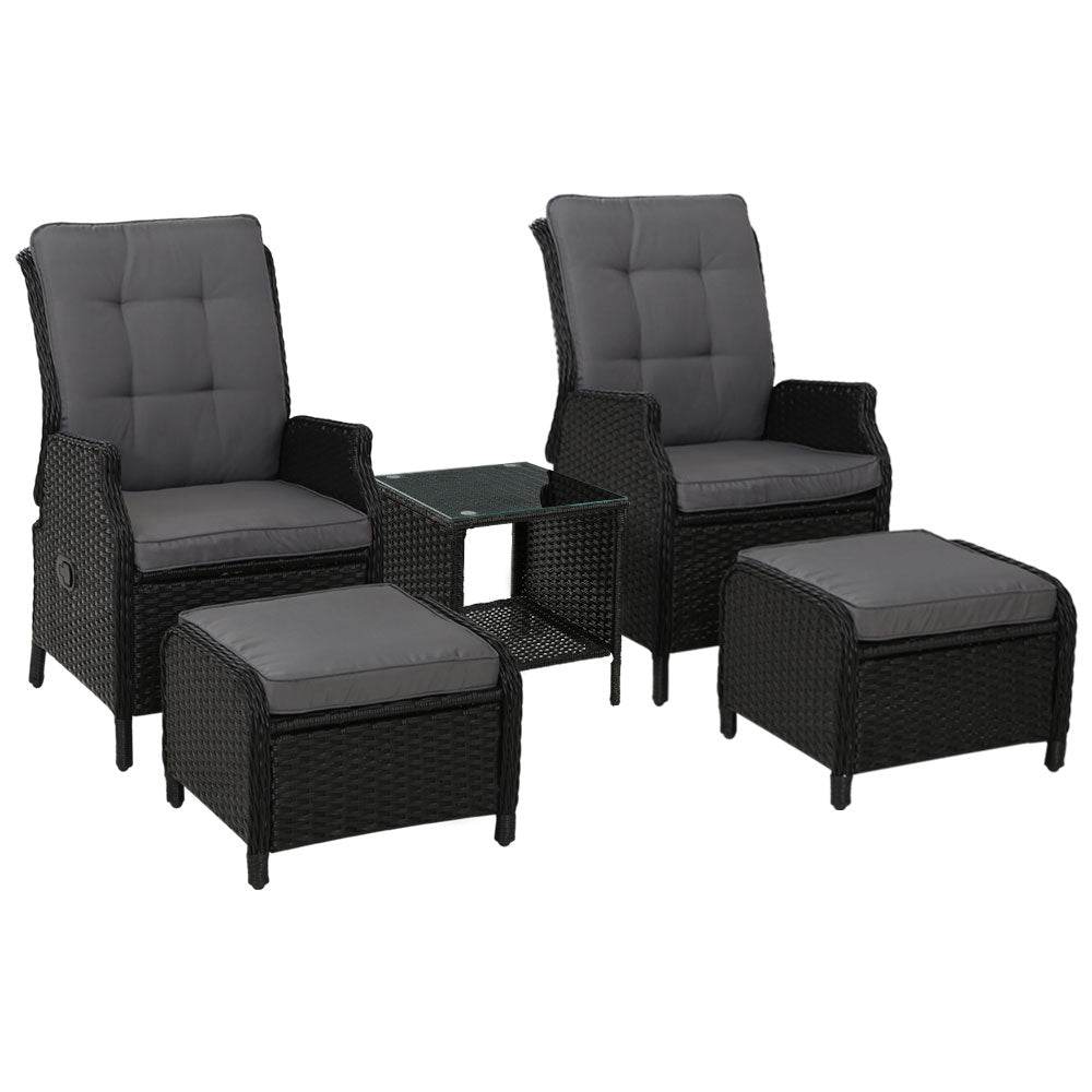 Gardeon 5PC Recliner Chairs Table Sun lounge Wicker Outdoor Furniture Adjustable Black | Outdoorium