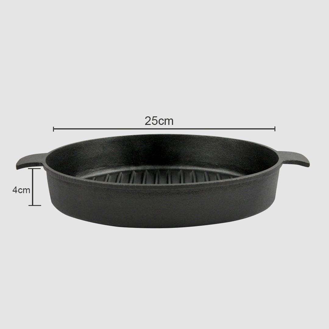 SOGA 25cm Round Ribbed Cast Iron Frying Pan Skillet Steak Sizzle Platter with Handle | Outdoorium