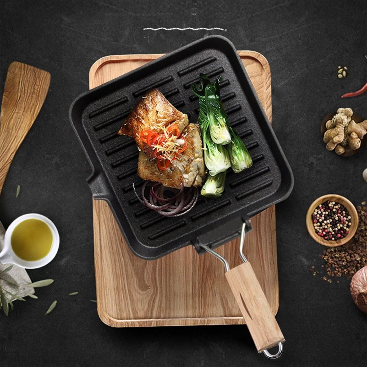 SOGA 28cm Ribbed Cast Iron Square Steak Frying Grill Skillet Pan with Folding Wooden Handle | Outdoorium