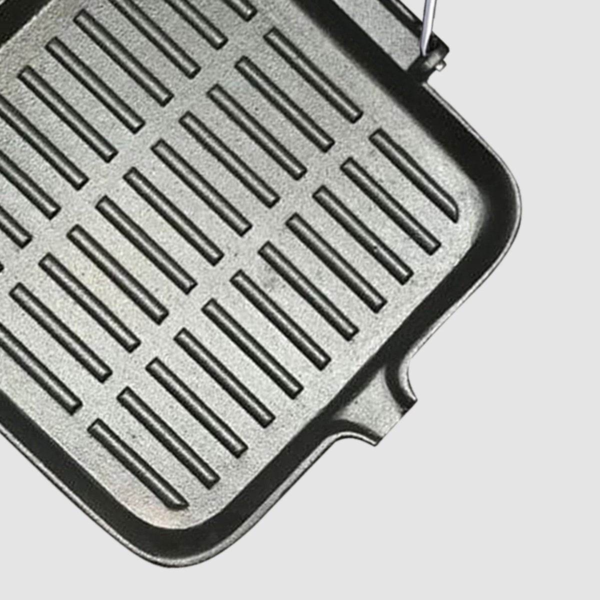 SOGA 28cm Ribbed Cast Iron Square Steak Frying Grill Skillet Pan with Folding Wooden Handle | Outdoorium