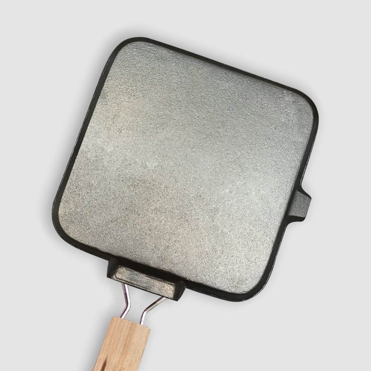 SOGA 28cm Ribbed Cast Iron Square Steak Frying Grill Skillet Pan with Folding Wooden Handle | Outdoorium