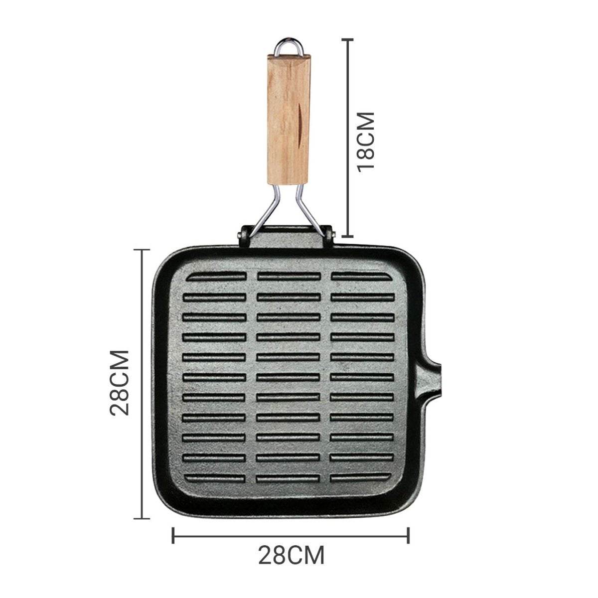 SOGA 28cm Ribbed Cast Iron Square Steak Frying Grill Skillet Pan with Folding Wooden Handle | Outdoorium