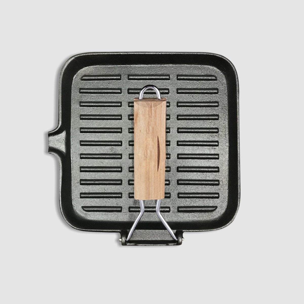 SOGA 28cm Ribbed Cast Iron Square Steak Frying Grill Skillet Pan with Folding Wooden Handle | Outdoorium