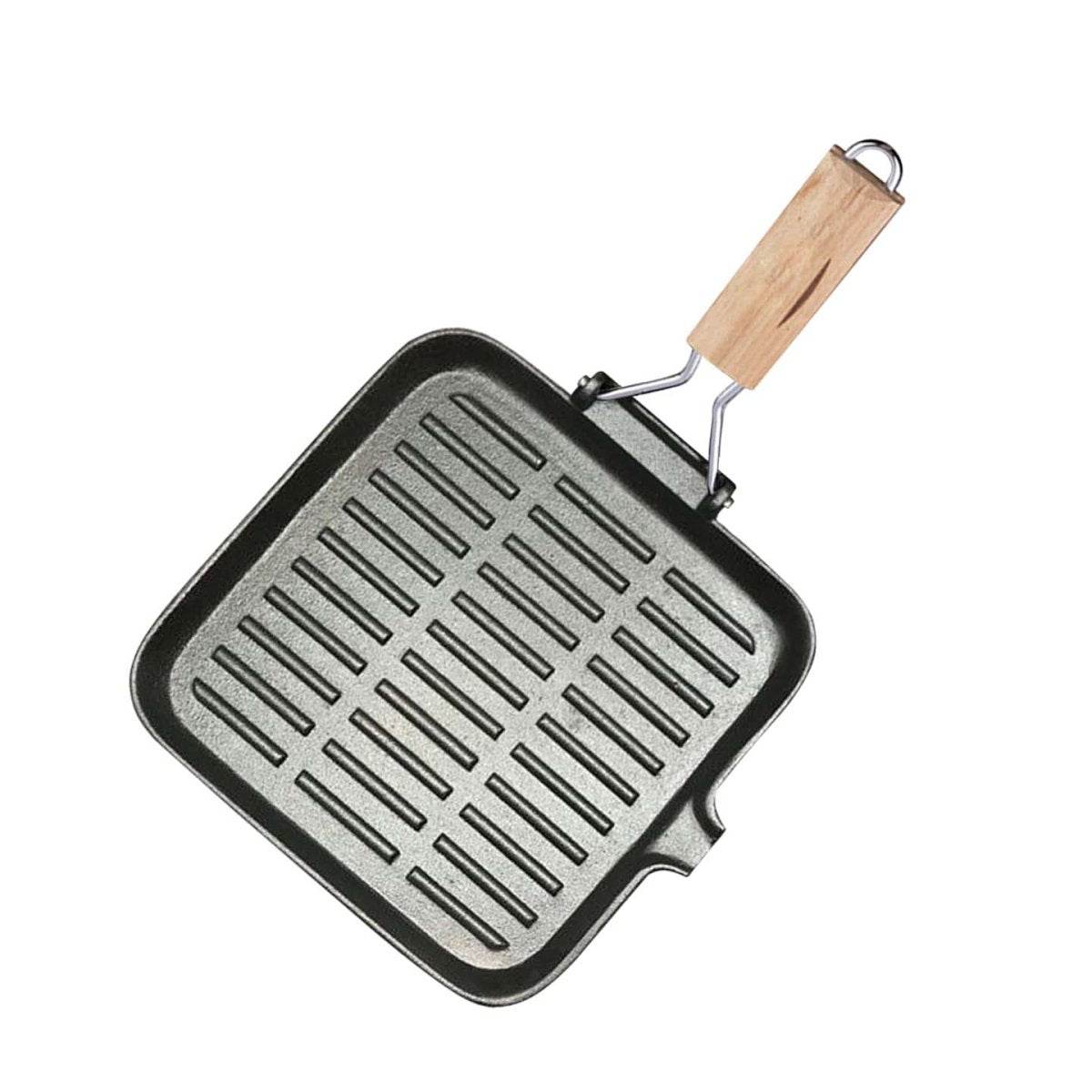 SOGA 28cm Ribbed Cast Iron Square Steak Frying Grill Skillet Pan with Folding Wooden Handle | Outdoorium