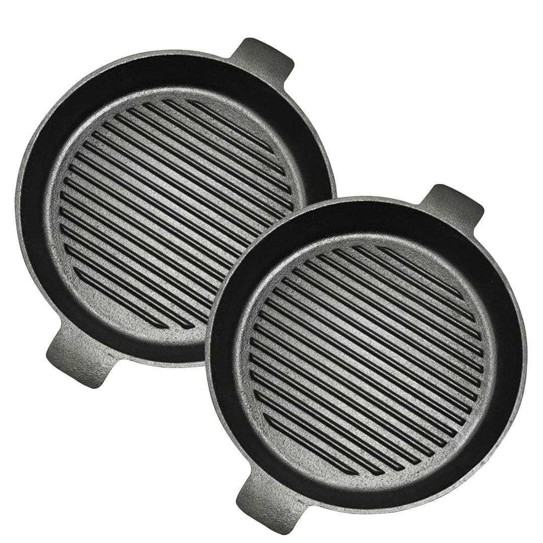SOGA 2X 26cm Round Ribbed Cast Iron Frying Pan Skillet Steak Sizzle Platter with Handle | Outdoorium