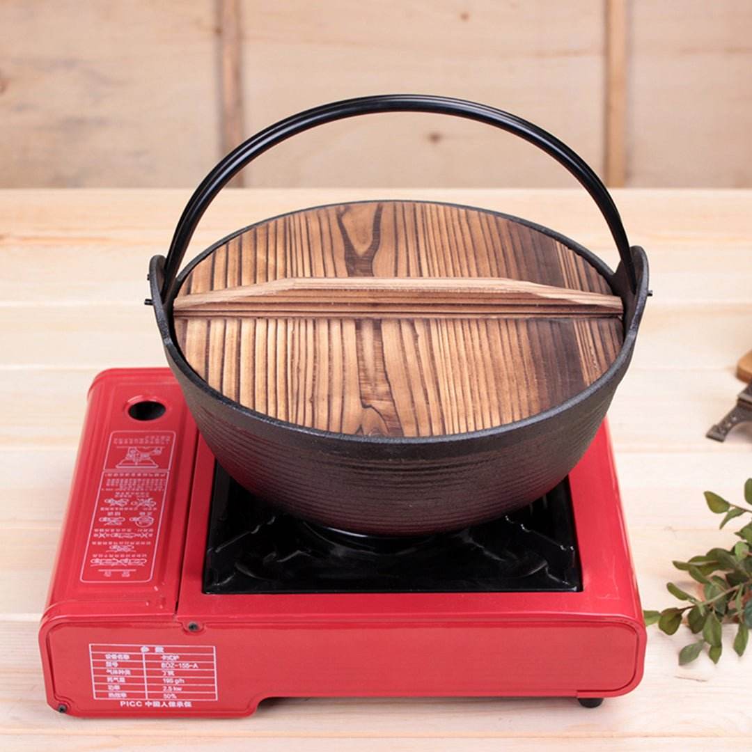 SOGA 2X 29cm Cast Iron Japanese Style Sukiyaki Tetsu Nabe Shabu Hot Pot with Wooden Lid | Outdoorium