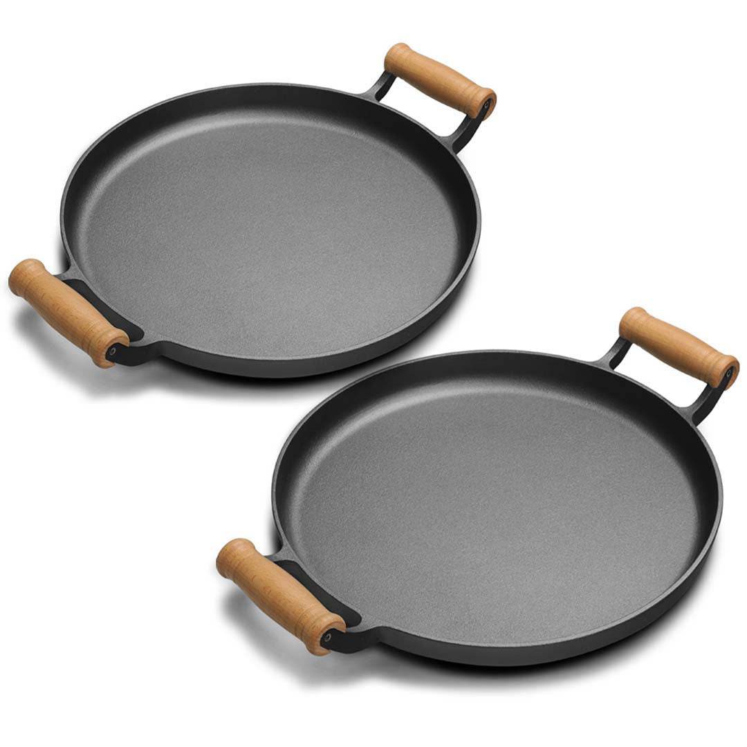 SOGA 2X 35cm Cast Iron Frying Pan Skillet Steak Sizzle Fry Platter With Wooden Handle No Lid | Outdoorium
