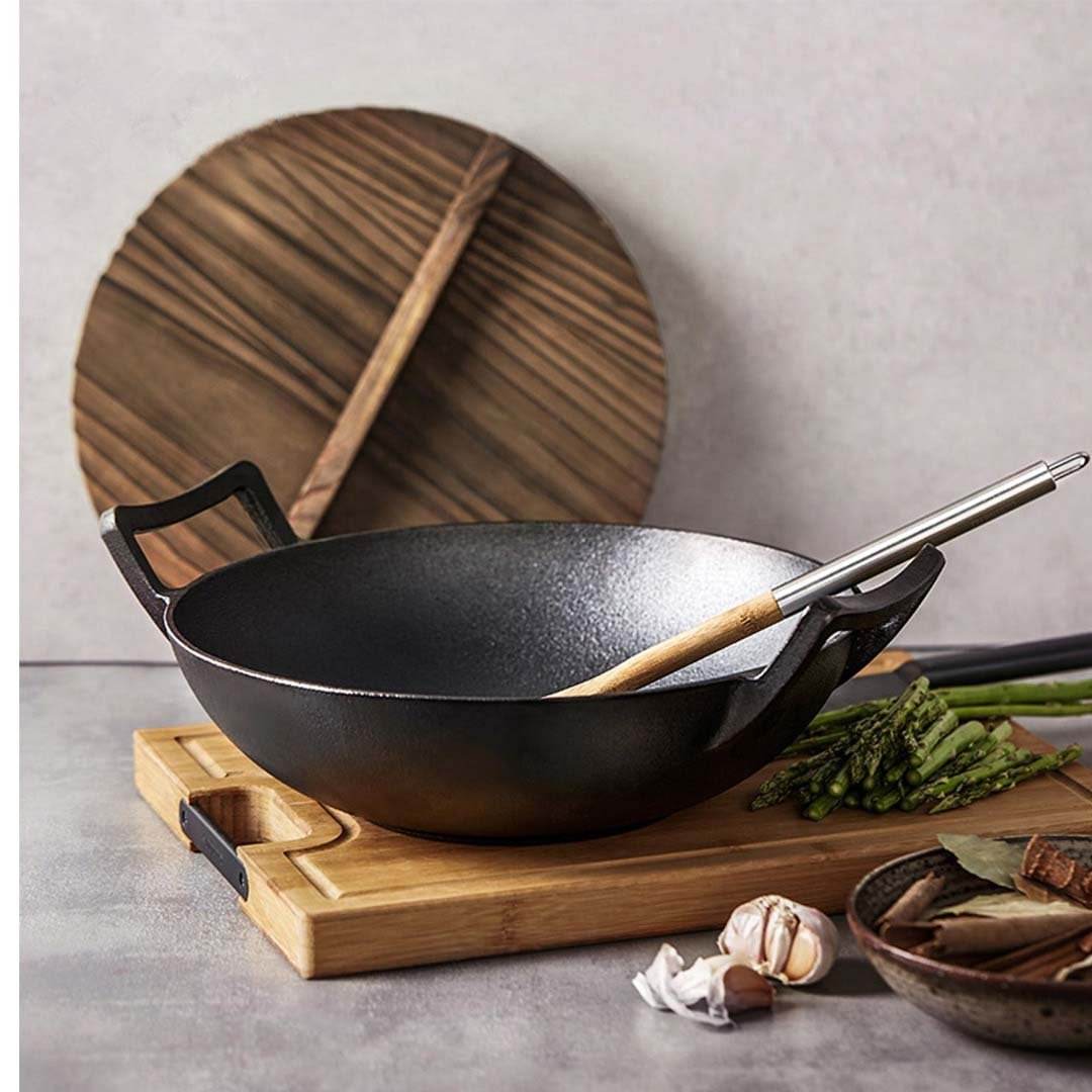 SOGA 2X 36CM Commercial Cast Iron Wok FryPan with Wooden Lid Fry Pan | Outdoorium