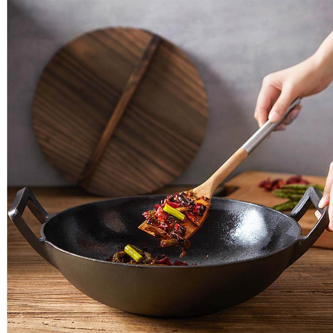 SOGA 2X 36CM Commercial Cast Iron Wok FryPan with Wooden Lid Fry Pan | Outdoorium