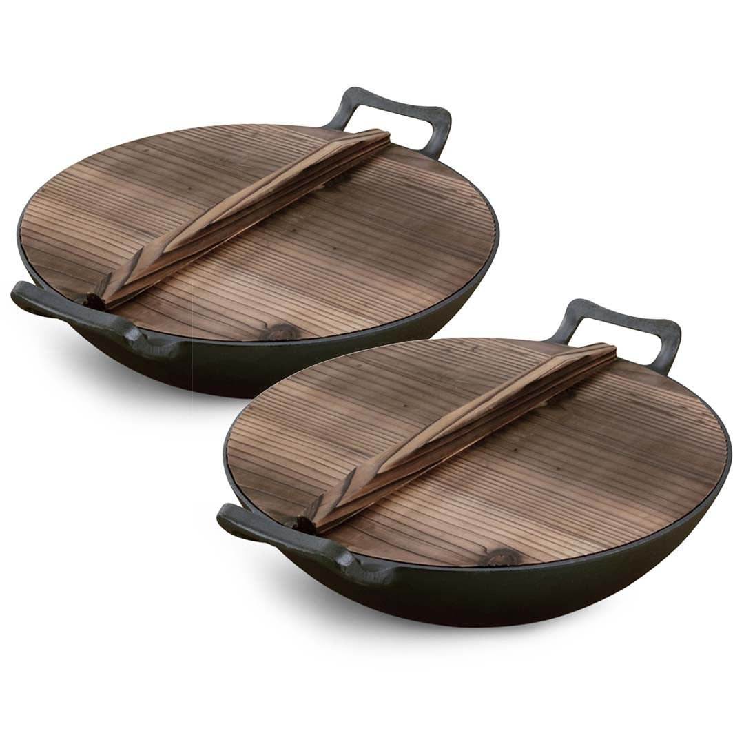 SOGA 2X 36CM Commercial Cast Iron Wok FryPan with Wooden Lid Fry Pan | Outdoorium