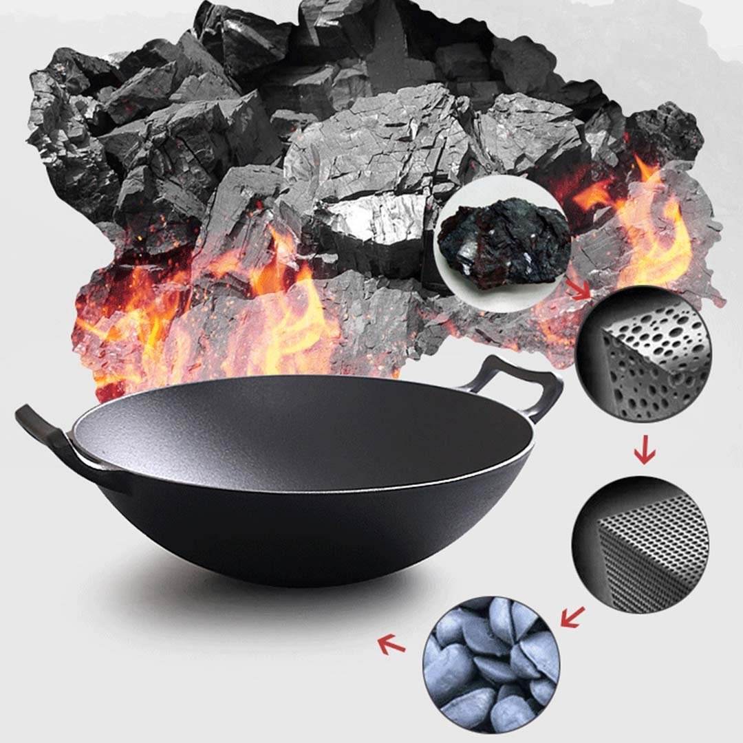 SOGA 2X 36CM Commercial Cast Iron Wok FryPan with Wooden Lid Fry Pan | Outdoorium