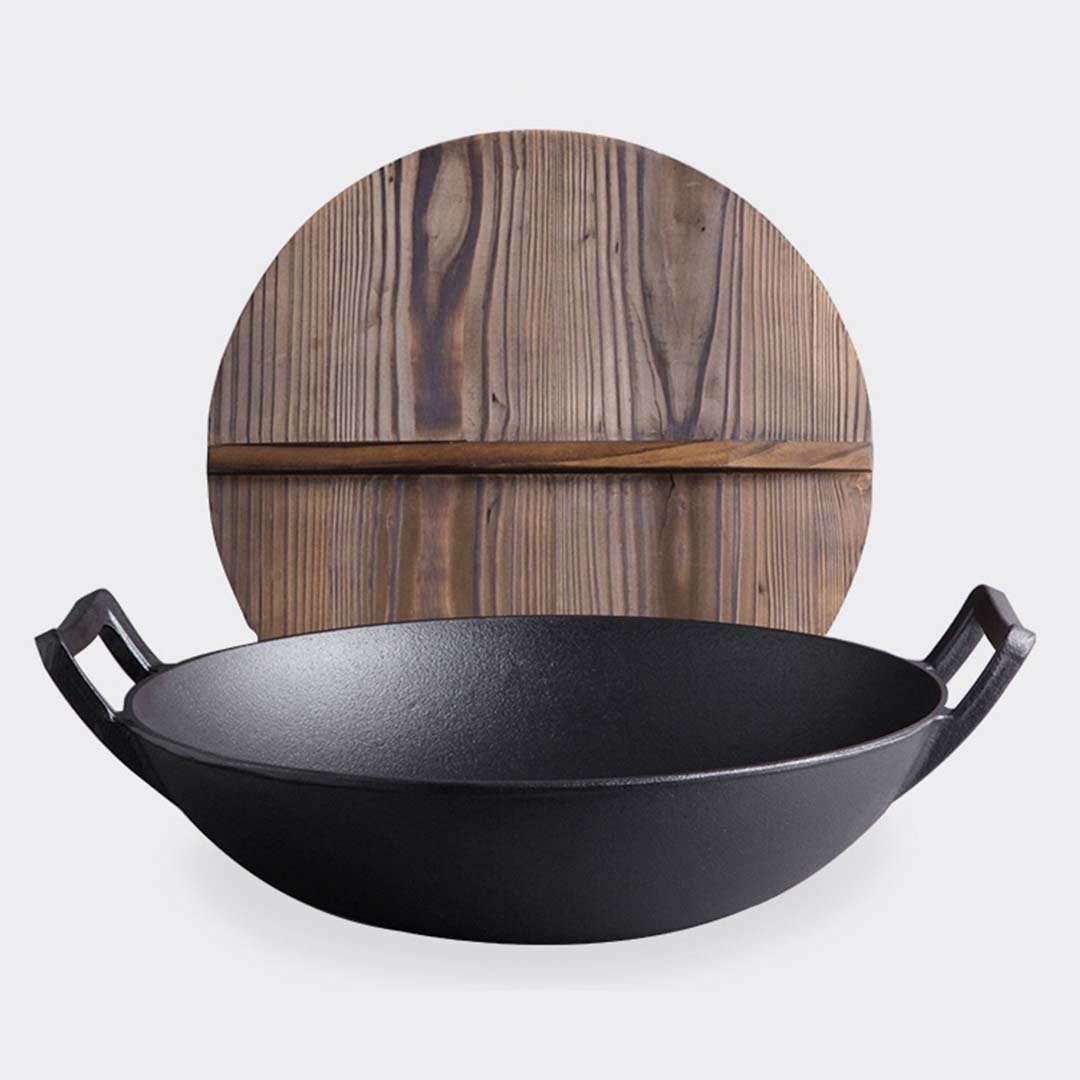SOGA 2X 36CM Commercial Cast Iron Wok FryPan with Wooden Lid Fry Pan | Outdoorium
