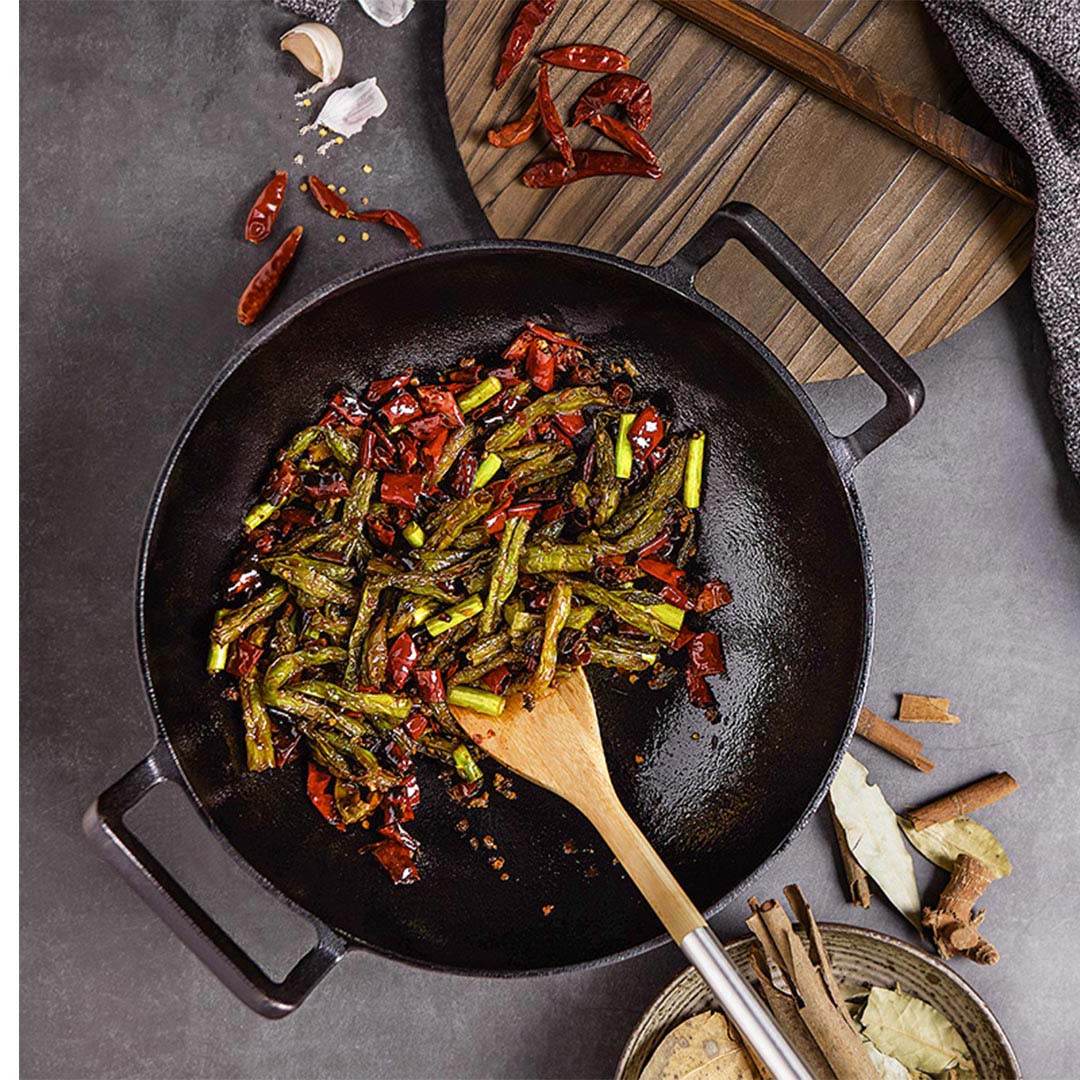 SOGA 2X 36CM Commercial Cast Iron Wok FryPan with Wooden Lid Fry Pan | Outdoorium