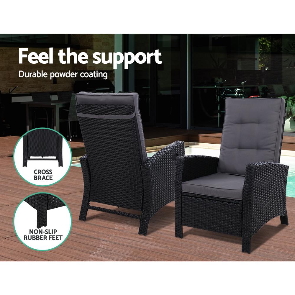 Sun lounge Recliner Chair Wicker Lounger Sofa Day Bed Outdoor Furniture Patio Garden Cushion Ottoman Black Gardeon - Outdoorium
