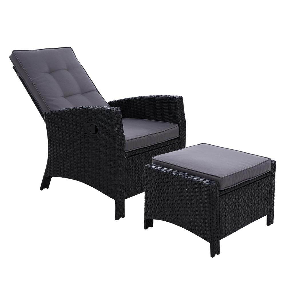 Gardeon Recliner Chair Sun lounge Wicker Lounger Outdoor Patio Furniture Adjustable Black - Outdoorium
