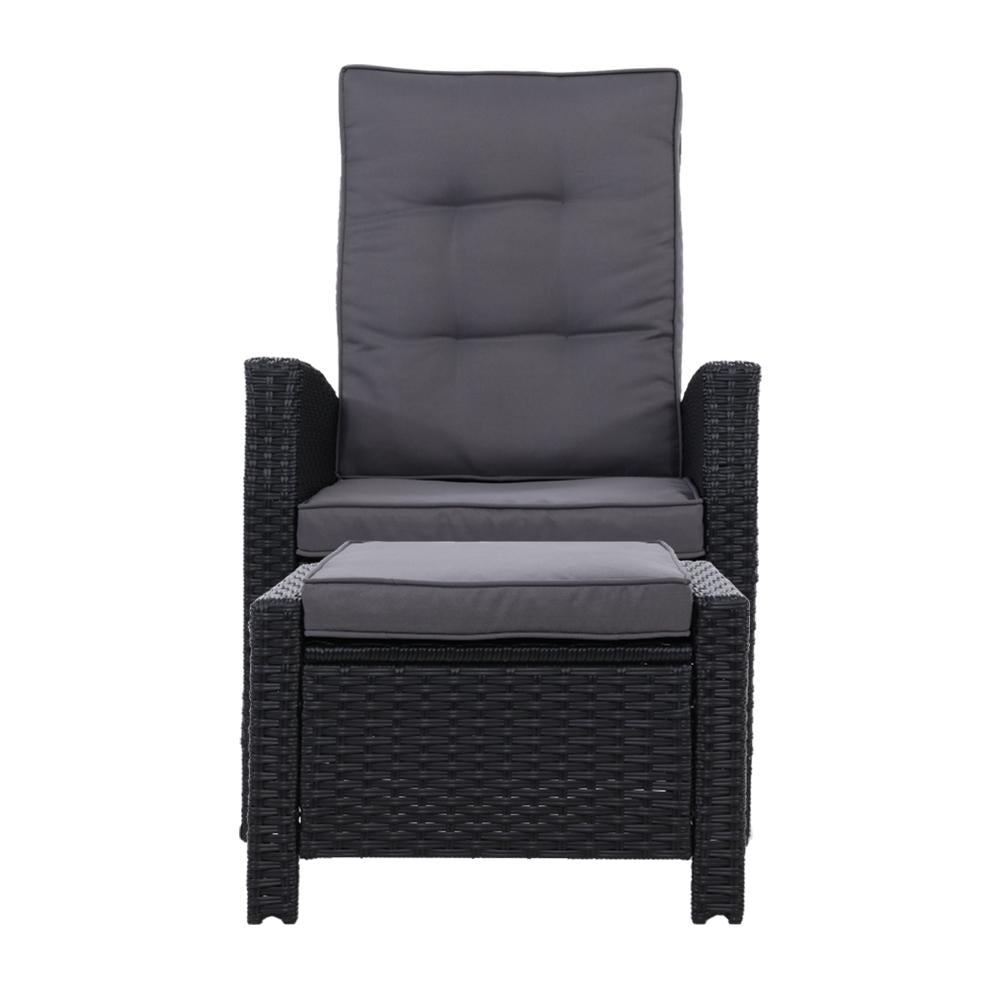 Sun lounge Recliner Chair Wicker Lounger Sofa Day Bed Outdoor Furniture Patio Garden Cushion Ottoman Black Gardeon - Outdoorium