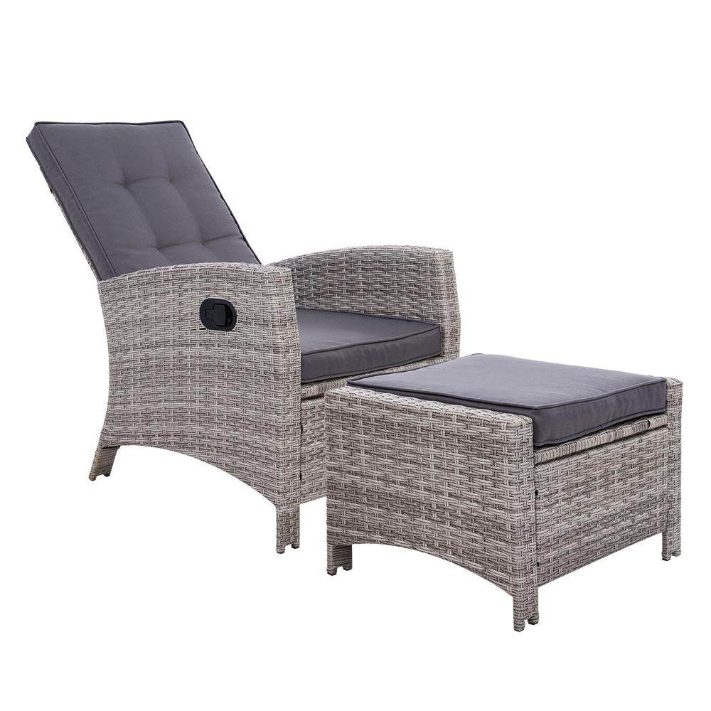 Gardeon Recliner Chair Sun lounge Wicker Lounger Outdoor Patio Furniture Adjustable Grey - Outdoorium