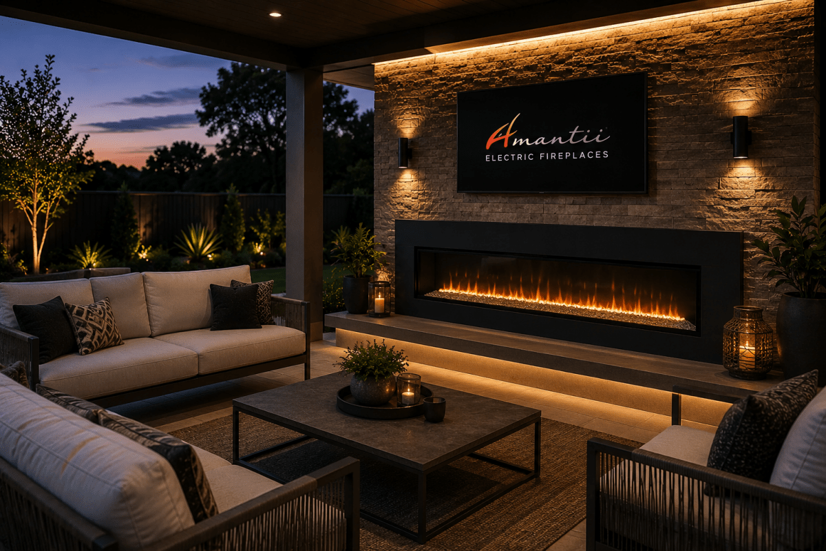 Premium Amantii electric fireplace in a contemporary Australian alfresco living setting