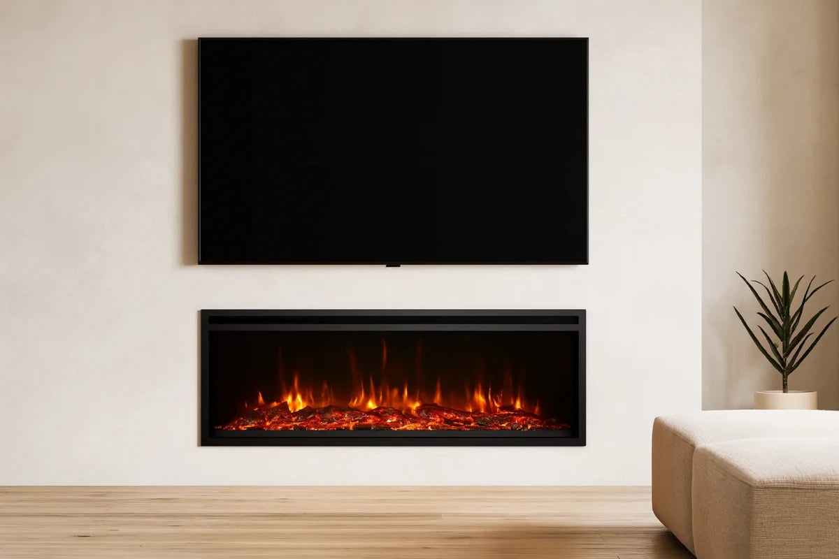 Amantii TRD Xtra Slim electric fireplace featured in a contemporary media wall within a premium Australian living room.