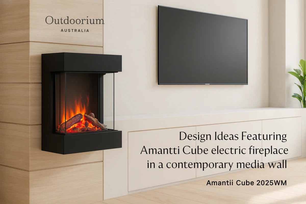 Amantii Cube electric fireplace in a contemporary media wall with clean glass-front styling